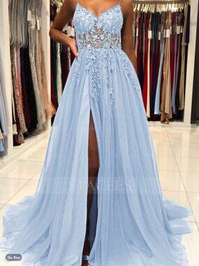 NWT A-line V Neck Spaghetti Straps Sweep Train Tulle Prom Dress